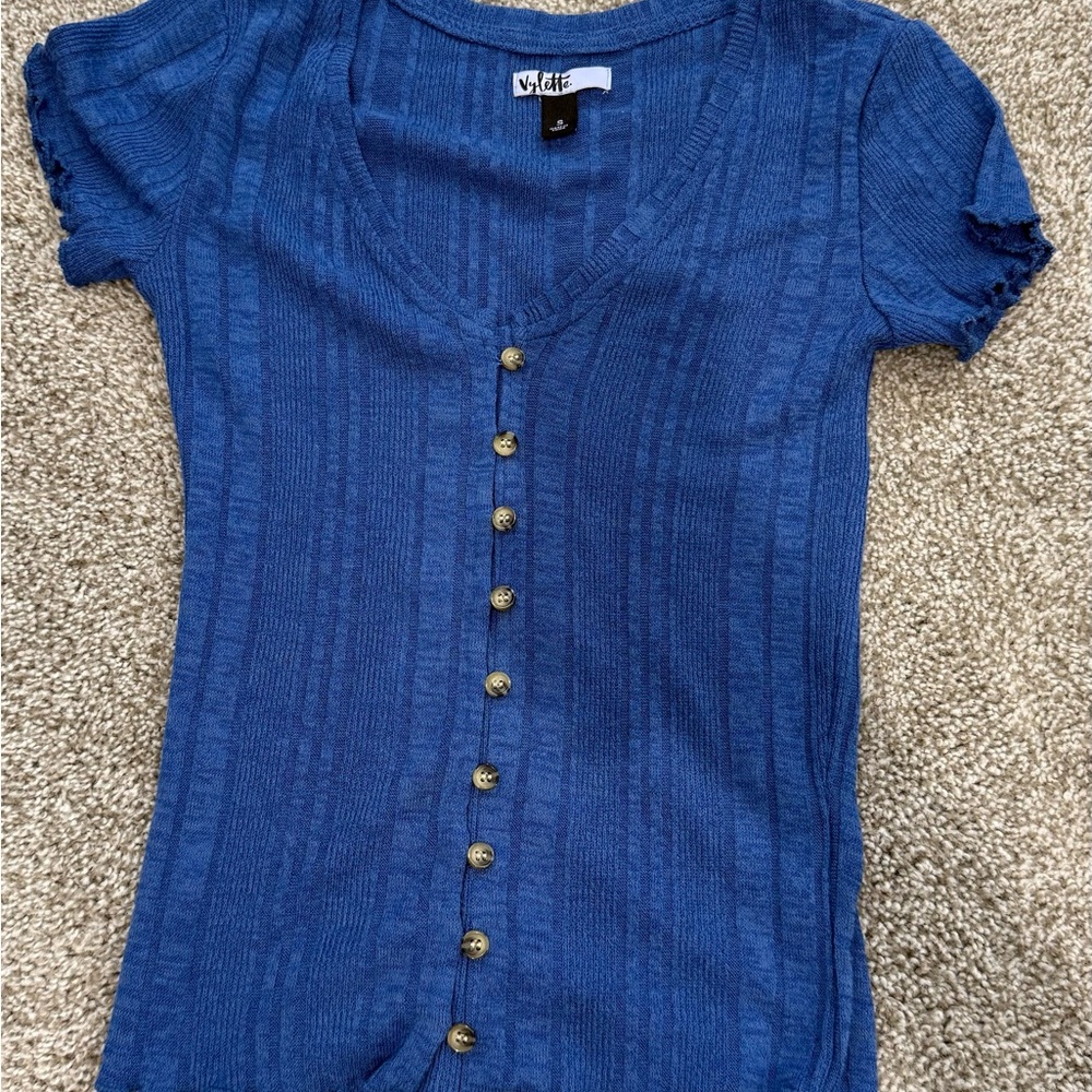 Blue Button-Up Women's V-neck